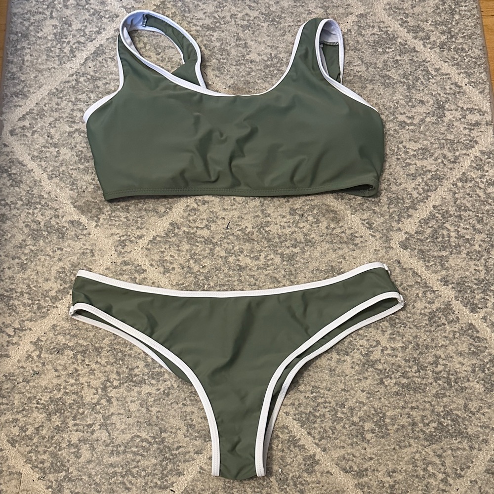 Olive Green Bikini Set with White Trim